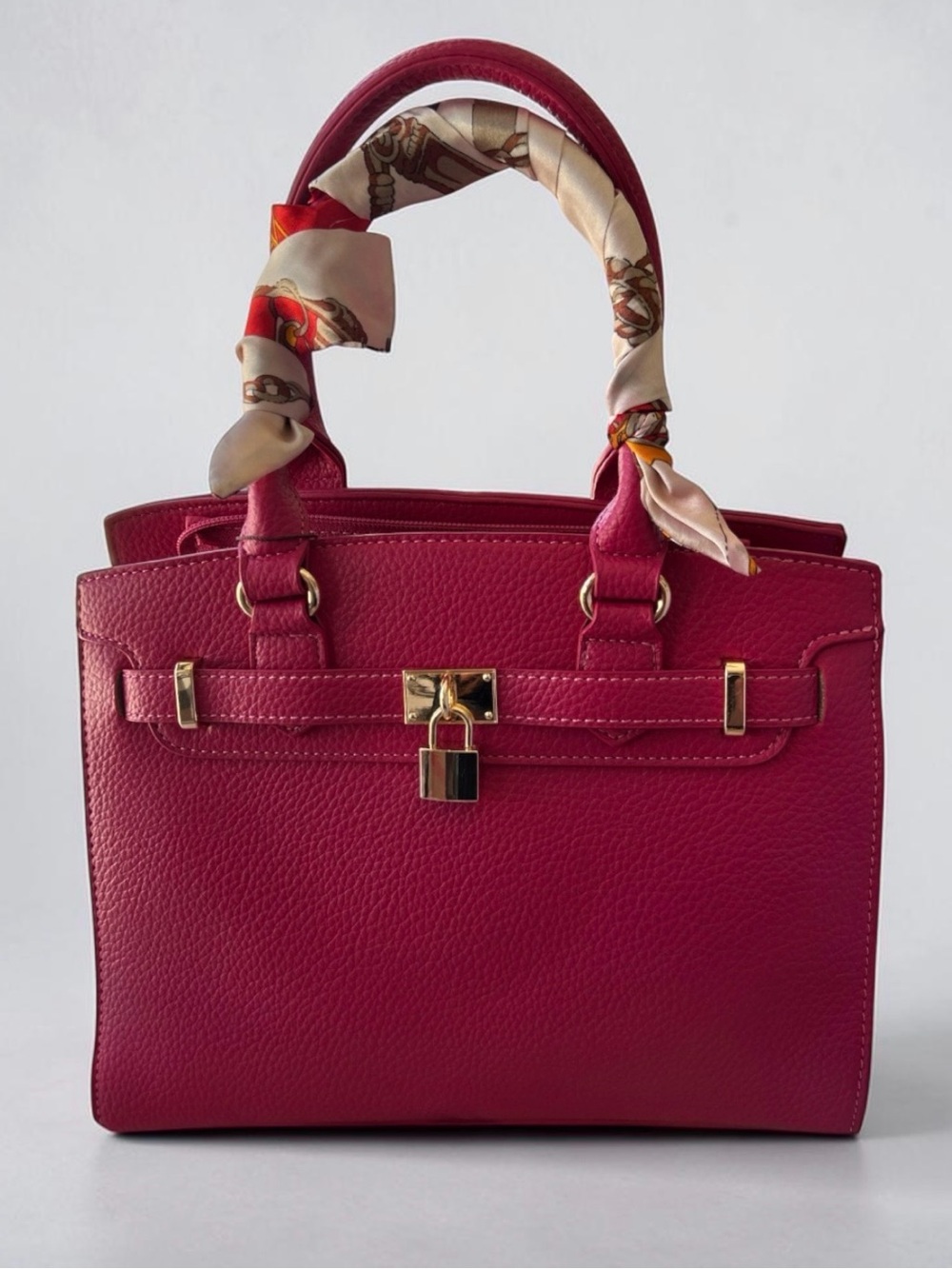 Structured Fuchsia Satchel Handbag with Scarf-Wrapped Handle